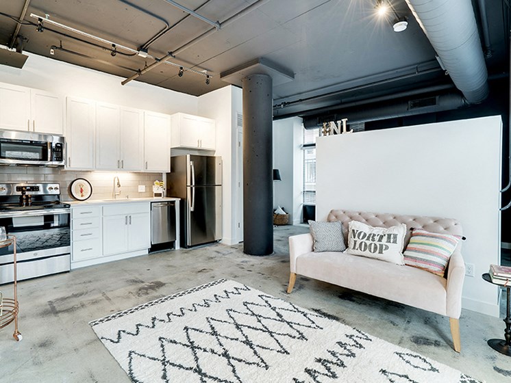 Studio apartment kitchen and living room